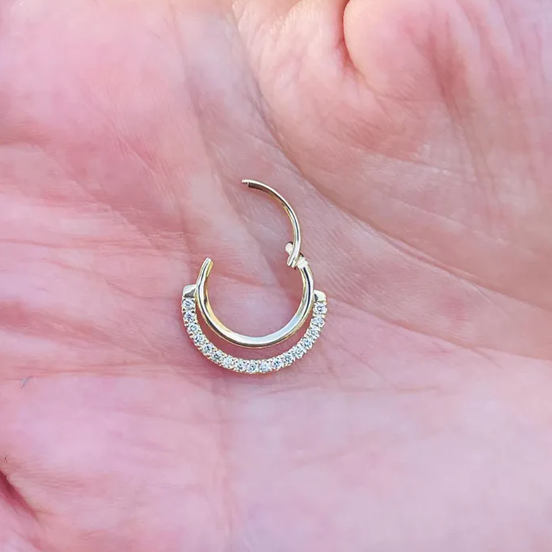 Double Hoop Nose Jewelry Septum Clicker With Natural Diamonds 14k Solid Gold