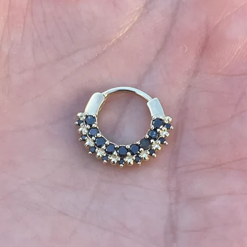 Double Row Black Diamonds Hinged Nose Jewelry Septum Ear Clicker 14k Solid Gold Daith and Conch Piercing