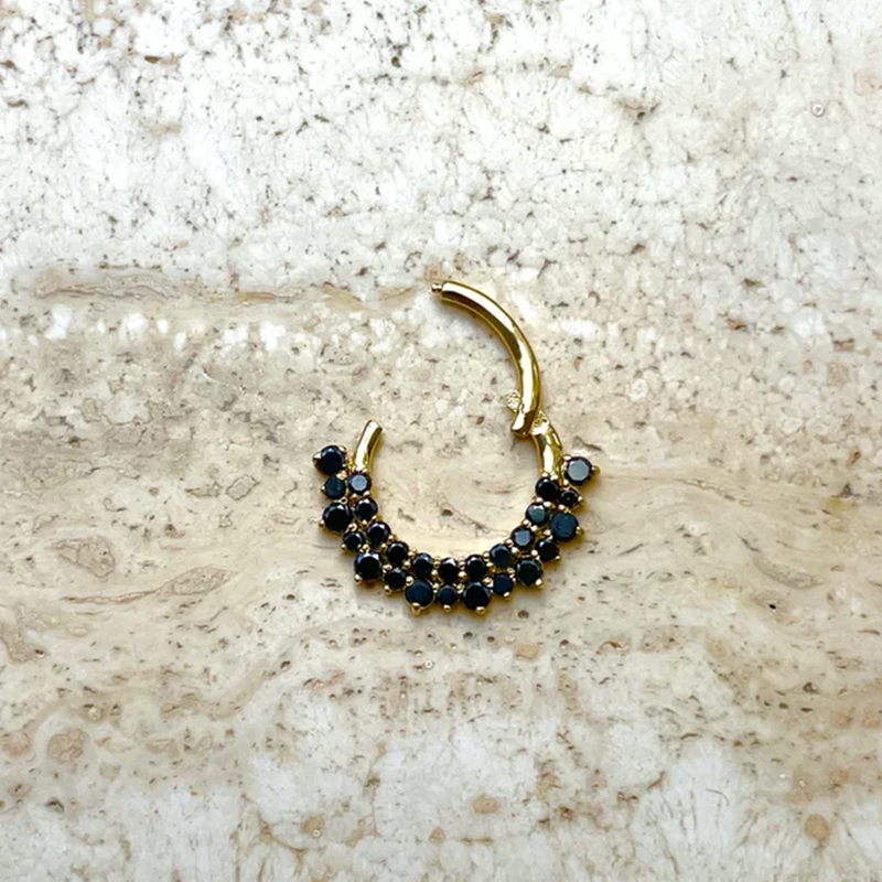 Double Row Black Diamonds Hinged Nose Jewelry Septum Rook Ear Daith Helix Clicker 14k Solid Gold