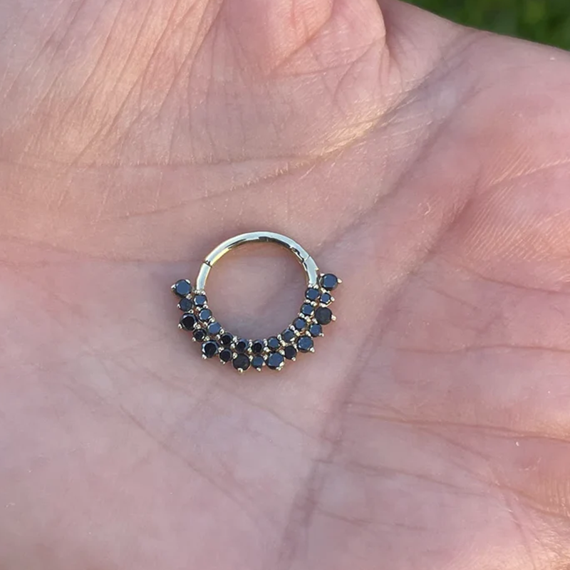 Double Row Black Diamonds Hinged Nose Jewelry Septum Rook Ear Daith Helix Clicker 14k Solid Gold