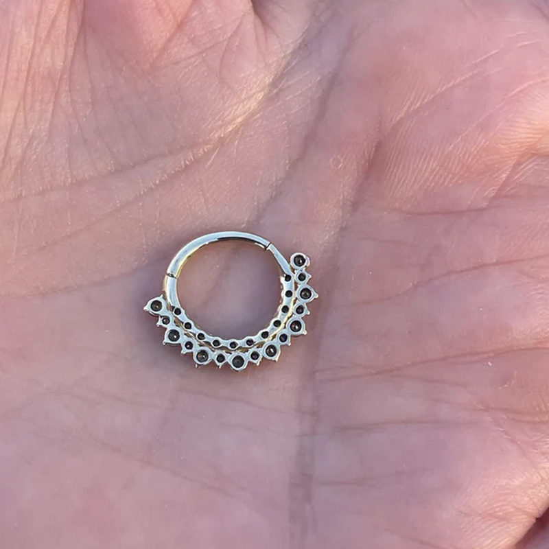 Double Row Black Diamonds Hinged Nose Jewelry Septum Rook Ear Daith Helix Clicker 14k Solid Gold