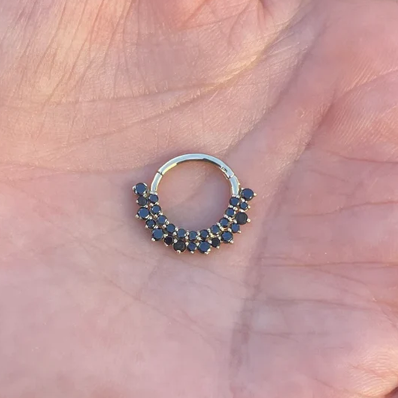 Double Row Black Diamonds Hinged Nose Jewelry Septum Rook Ear Daith Helix Clicker 14k Solid Gold