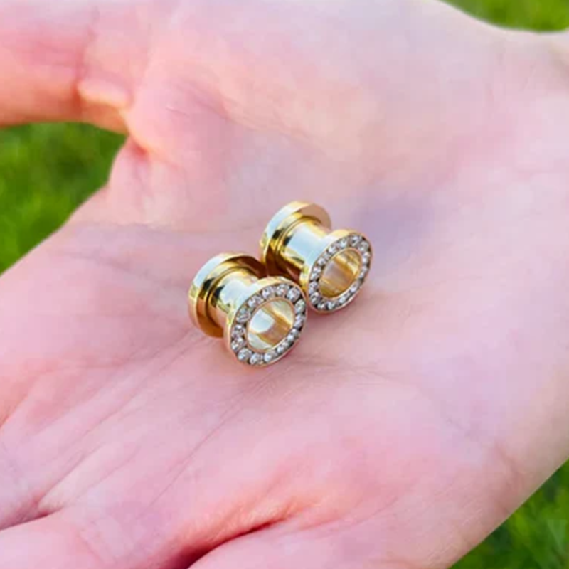 Ear Gauges 14k Solid Gold Ear Plugs Double Flared Screw Fit Flesh Tunnels With Diamonds