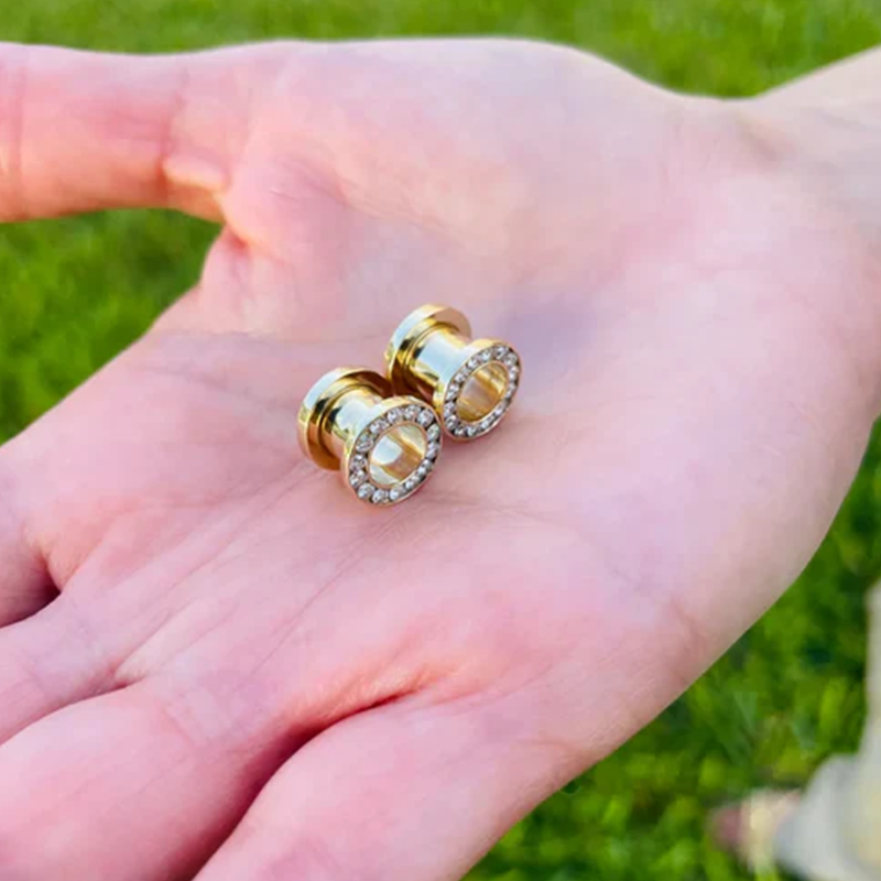 Ear Gauges 14k Solid Gold Ear Plugs Double Flared Screw Fit Flesh Tunnels With Diamonds