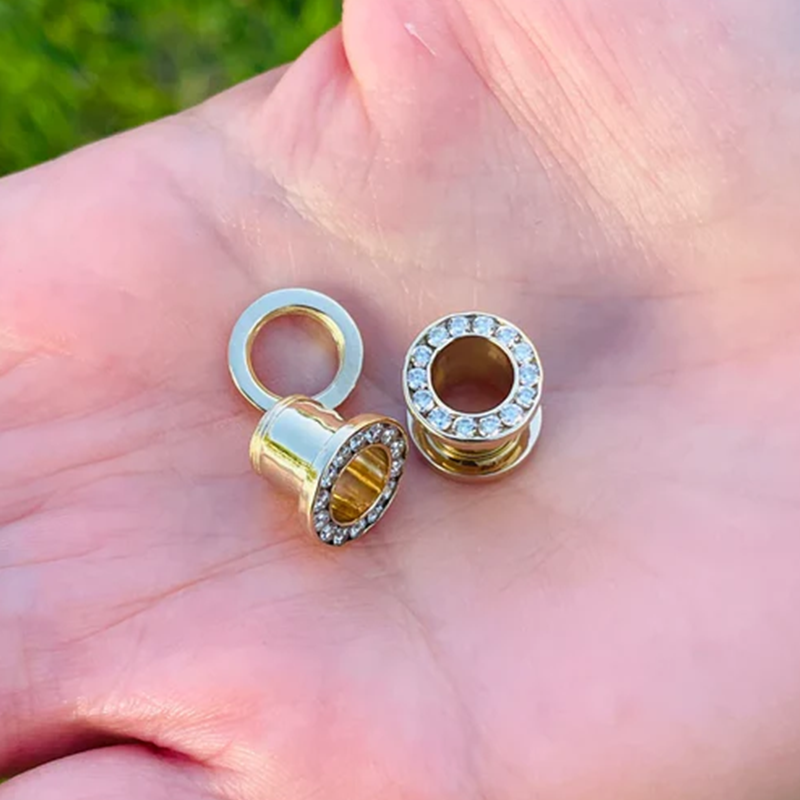 Ear Gauges 14k Solid Gold Ear Plugs Double Flared Screw Fit Flesh Tunnels With Diamonds