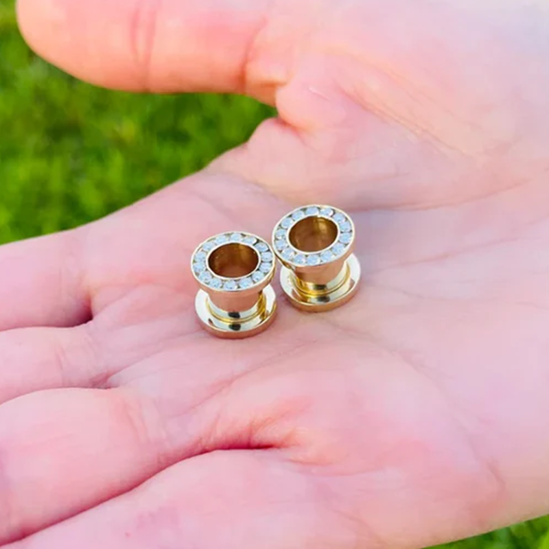 Ear Gauges 14k Solid Gold Ear Plugs Double Flared Screw Fit Flesh Tunnels With Diamonds