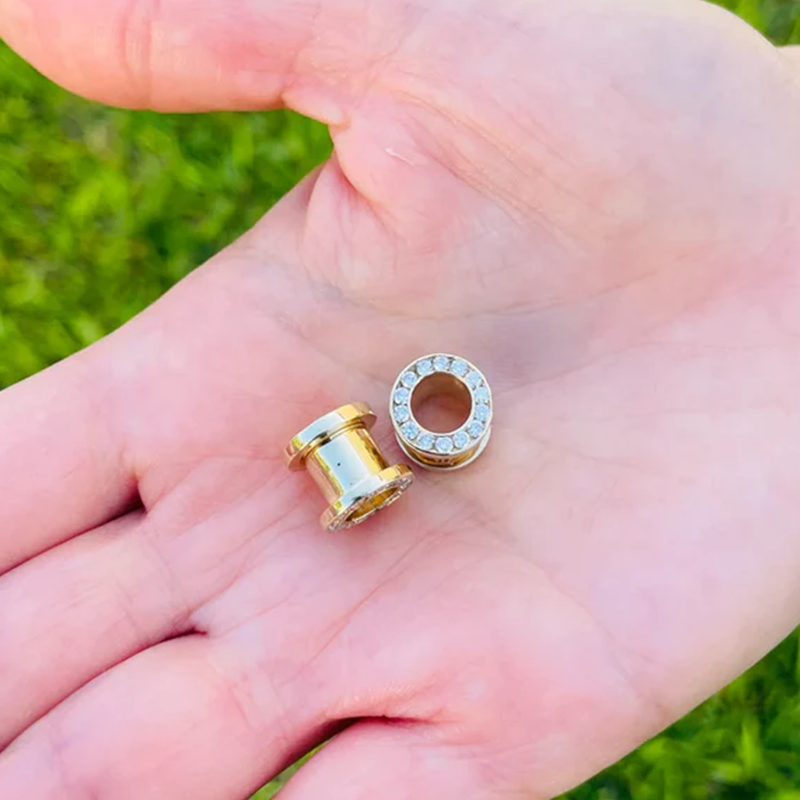 Ear Gauges 14k Solid Gold Ear Plugs Double Flared Screw Fit Flesh Tunnels With Diamonds