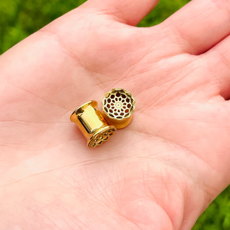 Flower Double Flared 14k Solid Gold Tunnel Ear Gauges Flesh Tunnles