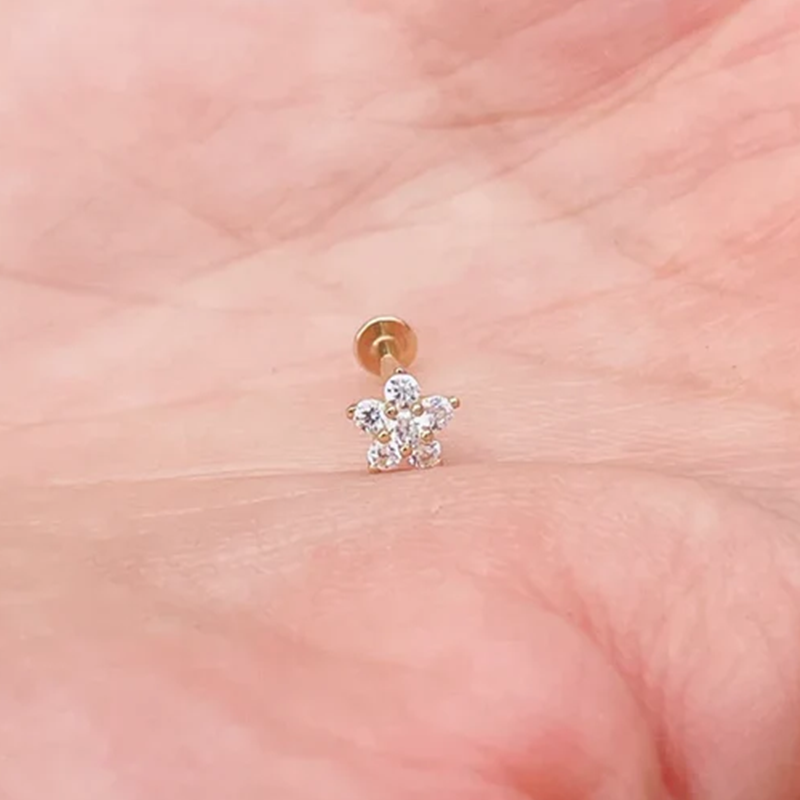 Flower Push In Tragus Labret Rook Helix Stud Genuine Diamonds 14K Yellow Gold