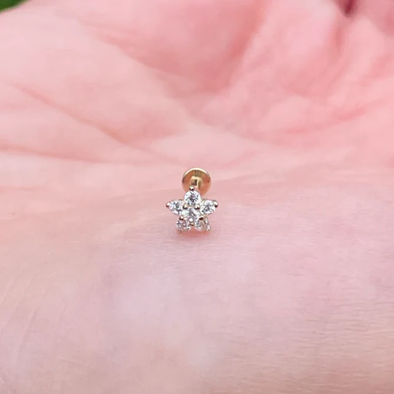 Flower Push In Tragus Labret Rook Helix Stud Genuine Diamonds 14K Yellow Gold