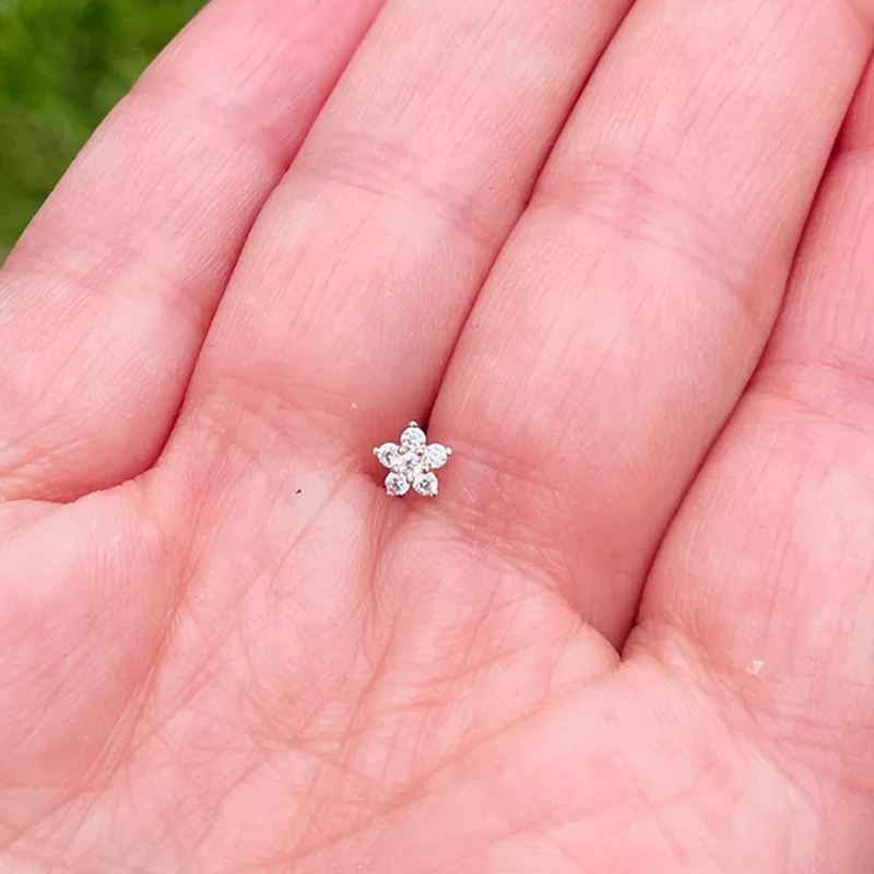 Flower Push In Tragus Labret Rook Helix Stud Genuine Diamonds 14K Yellow Gold