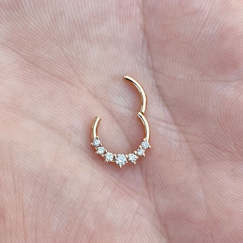 Graduation Hinged Nose Ring Septum Clicker Daith Hoop With 7 Natural Diamonds 14k Gold Rook Tragus Jewelry