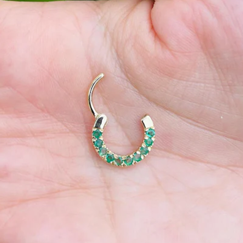 Green Emeralds Tragus Rook Septum Ring Jewelry Clicker Conch Daith Hoop 14k Solid Gold Seam Ring