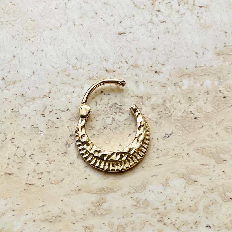 Hammered Helix and Septum Clicker Conch Daith Hoop With 14k Gold