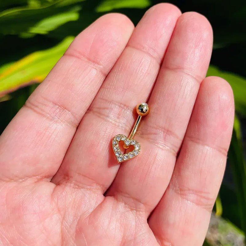 Heart 14k Gold Belly Button Ring Navel Ring With Genuine Diamonds Solid Gold Piercing Jewely