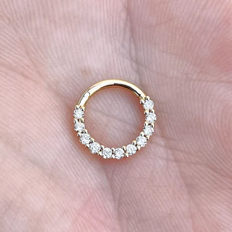 Hinged Nose Ring Septum Clicker Daith Hoop With Natural Diamonds 14k Gold 16 and 18 Gauge