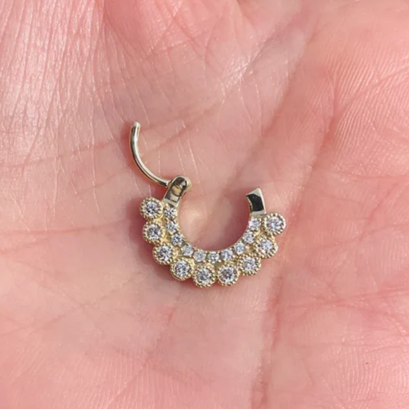 Hinged Septum Ring Heilx Clicker Daith Hoop With Bezel Setting Genuine Diamonds 14k Gold Rook Jewelry