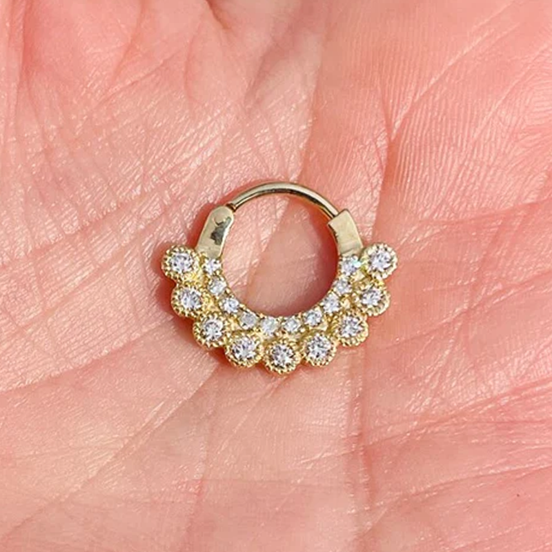 Hinged Septum Ring Heilx Clicker Daith Hoop With Bezel Setting Genuine Diamonds 14k Gold Rook Jewelry