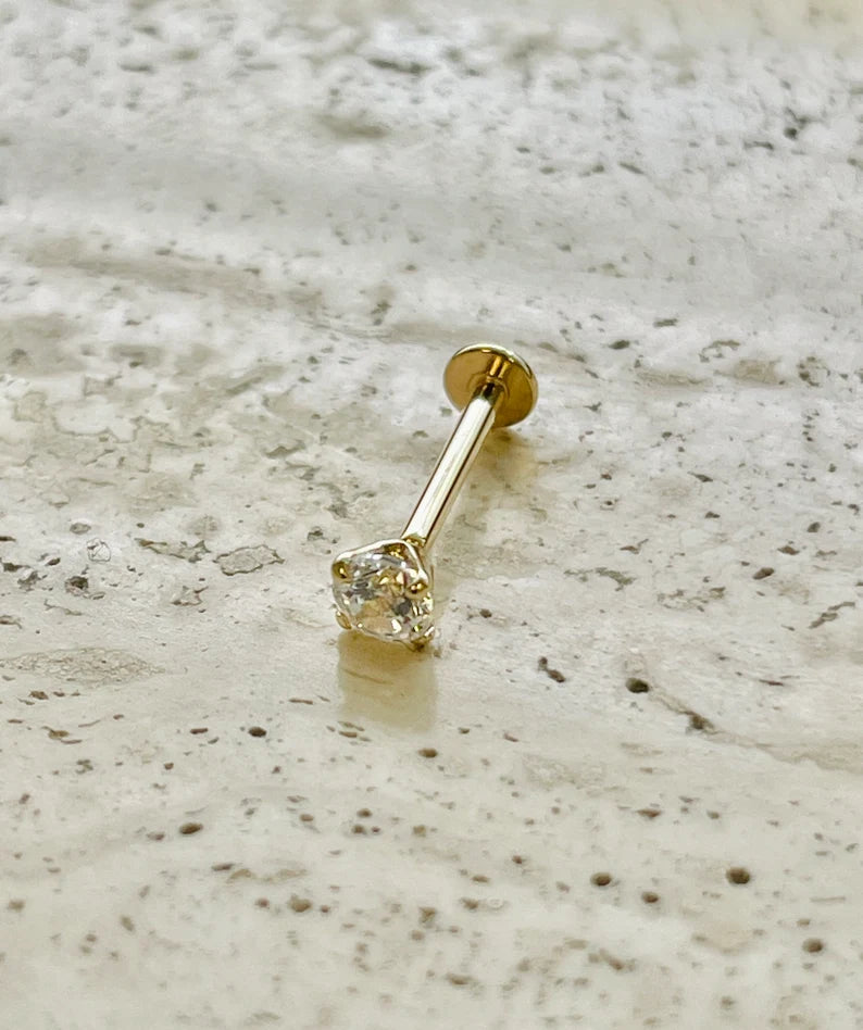 Internally Treaded Labret Monroe Conch 18g With 3.5mm Natural Diamond 14K Solid Gold
