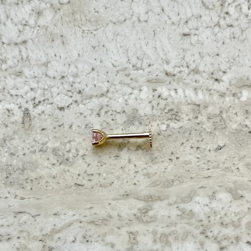 Internally Treaded Labret Monreo Stud 18g With 3mm Pink Sephaire 14K Solid Yellow Gold
