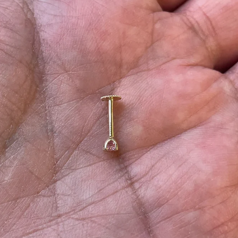 Internally Treaded Labret Monreo Stud 18g With 3mm Pink Sephaire 14K Solid Yellow Gold