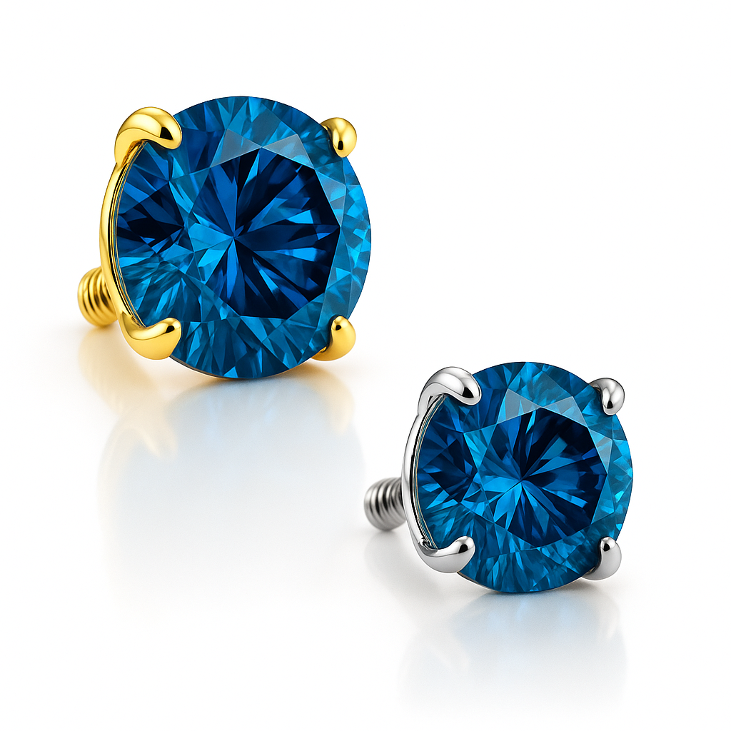 14K solid gold dermal top with genuine London blue topaz gemstone, fine piercing jewelry