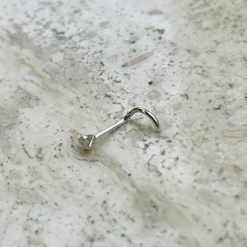 Nose Ring Screw 20g 3mm Round Natural Diamond 14K Solid white Gold