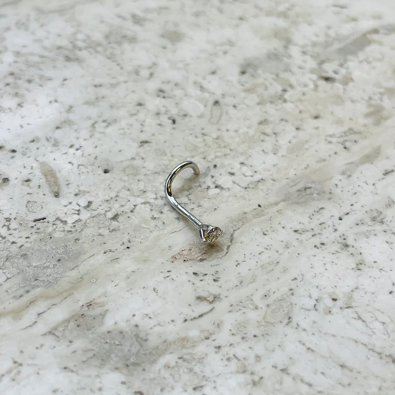 Nose Ring Screw 20g 3mm Round Natural Diamond 14K Solid white Gold