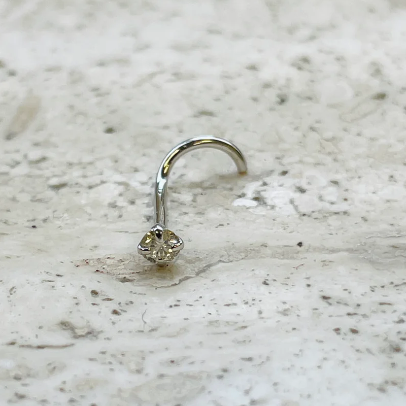 Nose Ring Screw 20g 3mm Round Natural Diamond 14K Solid white Gold
