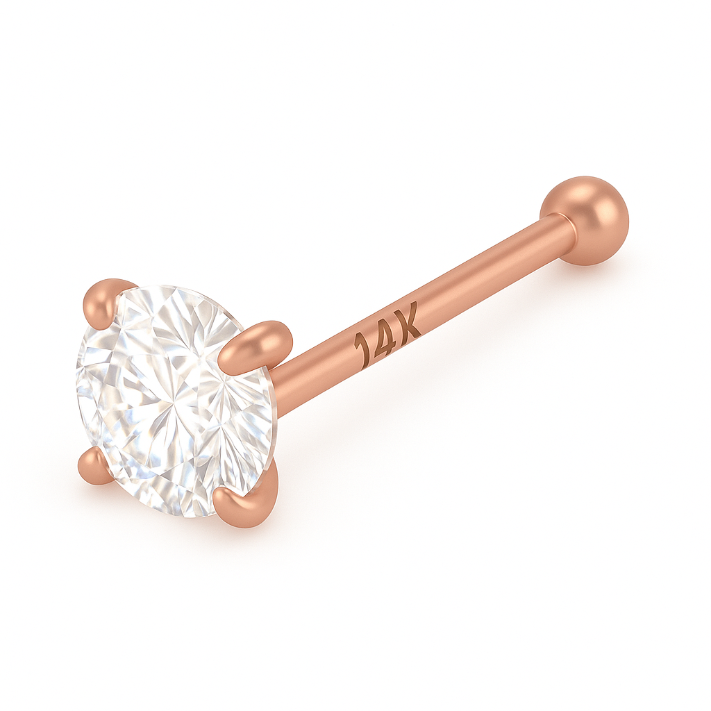 Side profile of 14K solid rose gold nose stud featuring 3mm natural diamond