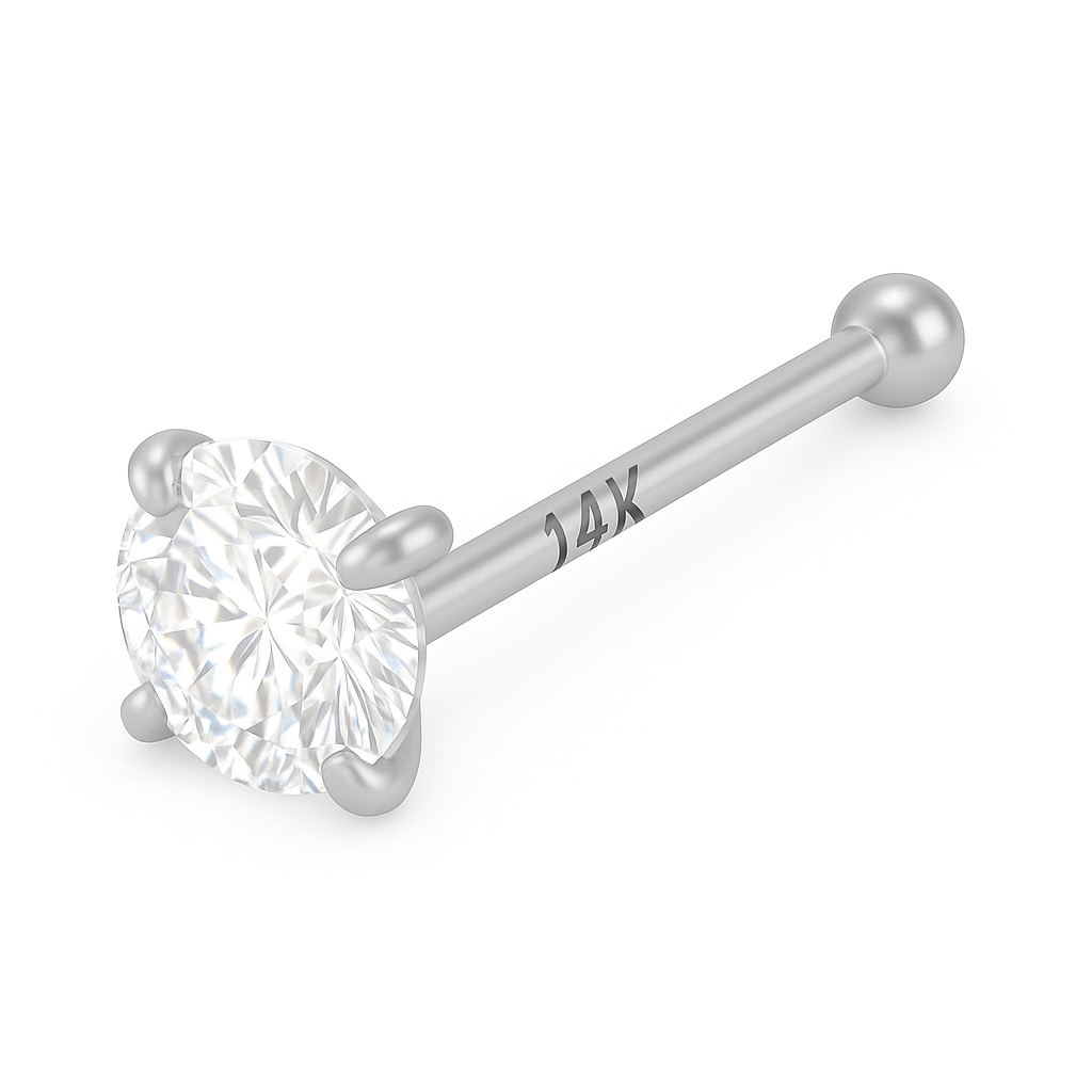 Close-up of 3mm round natural diamond in 14K white gold nose stud, luxury body jewelry