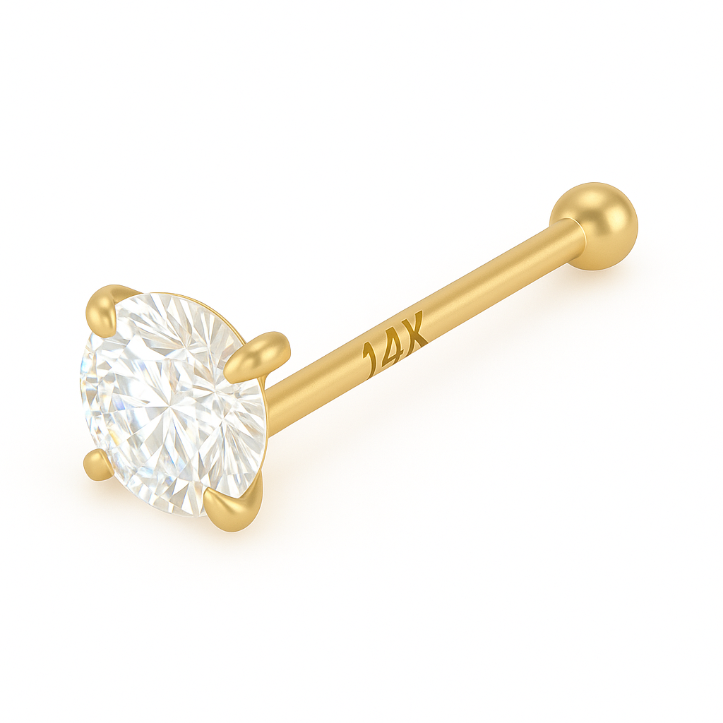 3.5mm Genuine Diamond Nose Ring Bone Stud 14K Solid Yellow Gold 20 Gauge