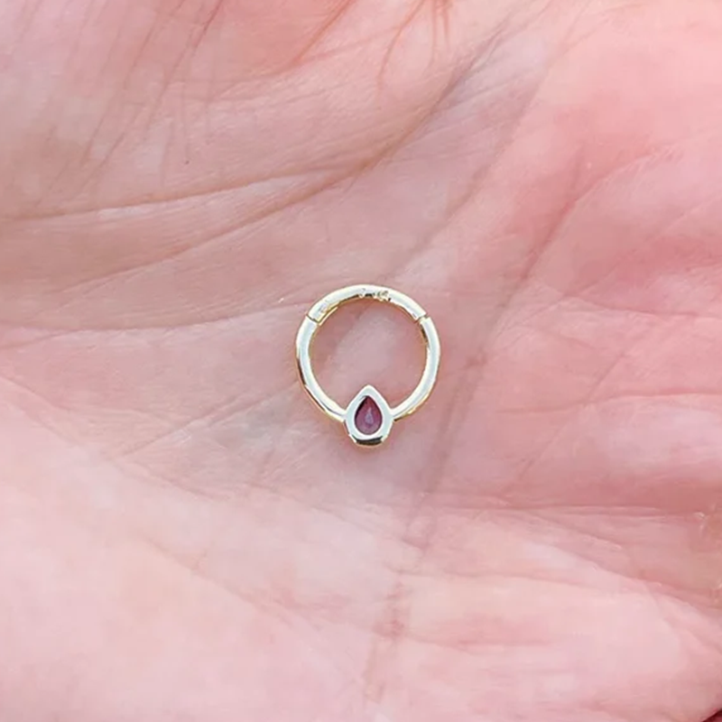 Pear Shape Lavender Sapphire Hinged Nose Ring Septum Clicker Daith Helix Conch Rook Hoop 14k Gold