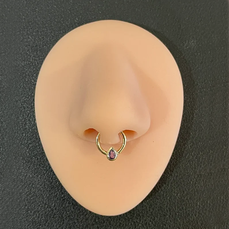 Pear Shape Lavender Sapphire Hinged Nose Ring Septum Clicker Daith Helix Conch Rook Hoop 14k Gold