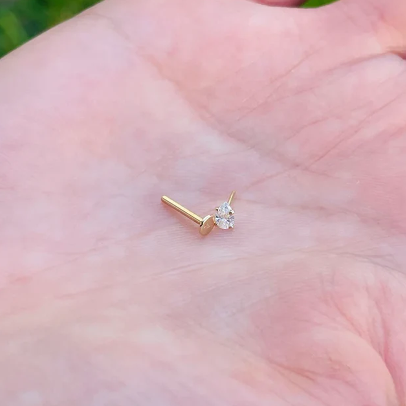 Pear Shape Push In Labret Rook Helix Stud 16G Or 18G Natural Diamond 14K Yellow Gold