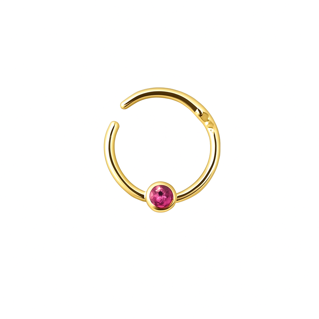 Front view of 14K gold septum ring clicker with pink sapphire bezel, daith piercing jewelry