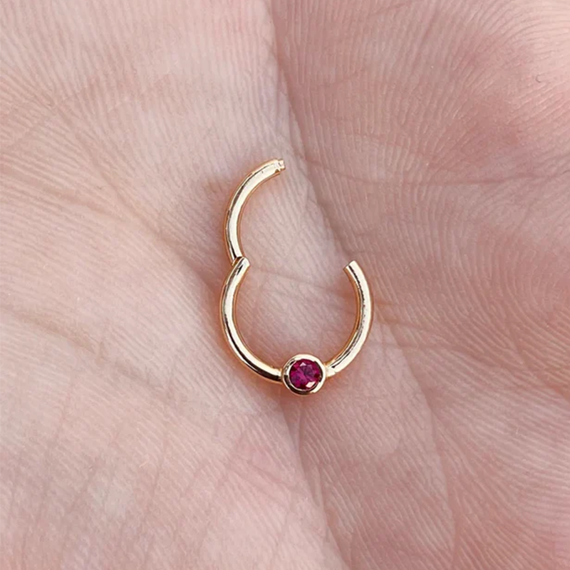 Single Purple Ruby In Bazel Hinged Nose Ring Septum Clicker Daith Helix Conch Hoop 14k Gold
