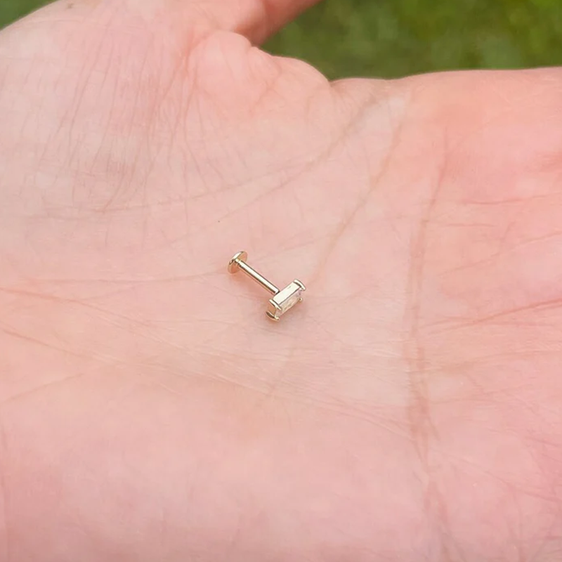 Push In Labret Rook Helix Stud 16G Or 18G Genuine Baguatte Diamond 14K Yellow Gold