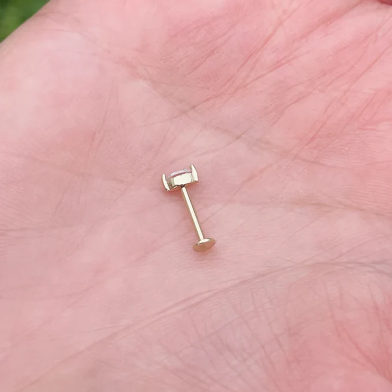 Push In Labret Rook Helix Stud 16G Or 18G Marquise Natural Diamond 14K Yellow Gold