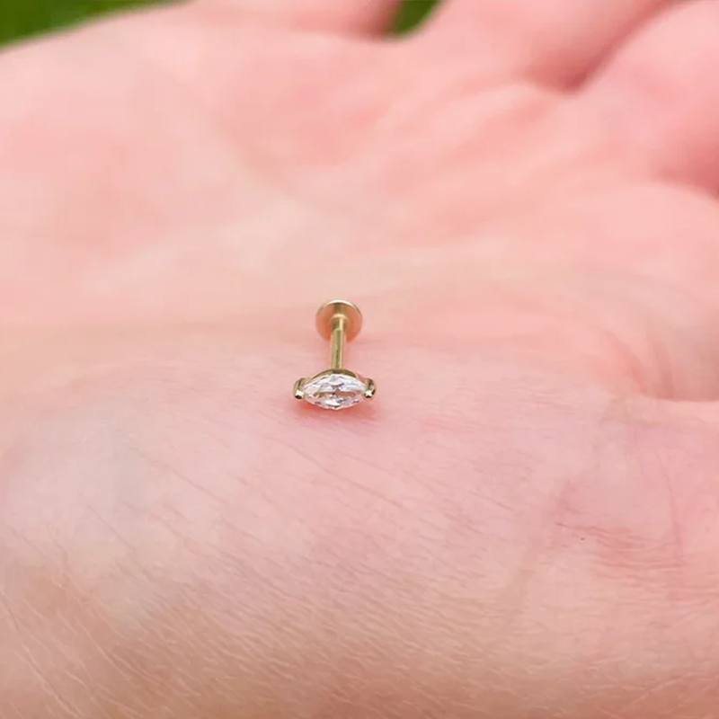 Push In Labret Rook Helix Stud 16G Or 18G Marquise Natural Diamond 14K Yellow Gold