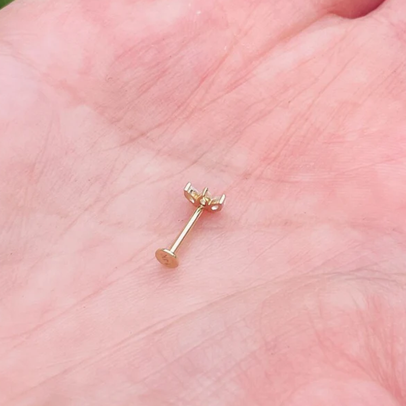 Push In Labret Rook Helix Stud 3 Marquise Natural shape Diamonds 14K Yellow Gold