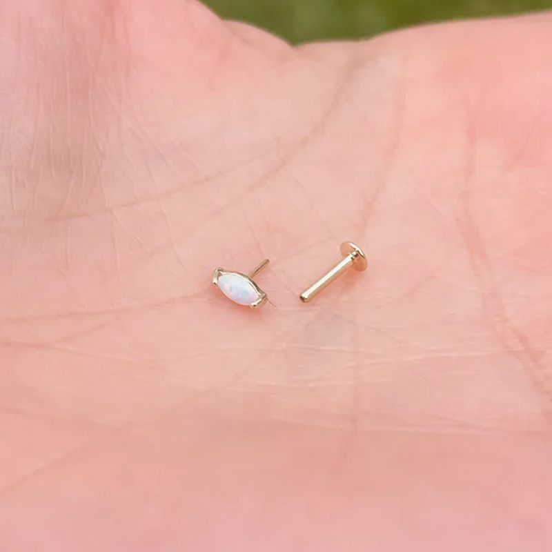 Push In Stud Tragus Rook Helix Stud 16G Or 18G Genuine Opal Marquise 14K Yellow Gold