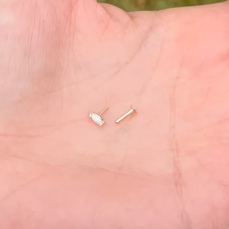 Push In Stud Tragus Rook Helix Stud 16G Or 18G Genuine Opal Marquise 14K Yellow Gold