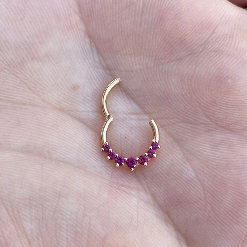 Seam Nose Ring Septum Clicker Daith Conch Hoop With Purple Rubies Gems 14k Gold