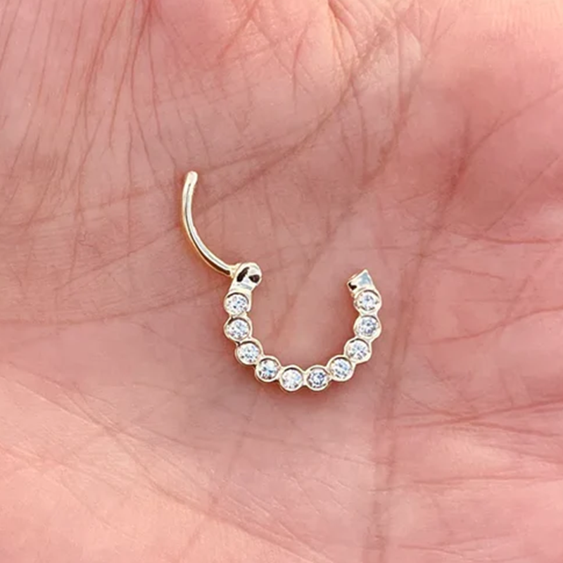 Septum and Ear Clicker Daith Hinged Hoop With 2mm Genuine Diamonds Bezel Setting 14k Solid Gold