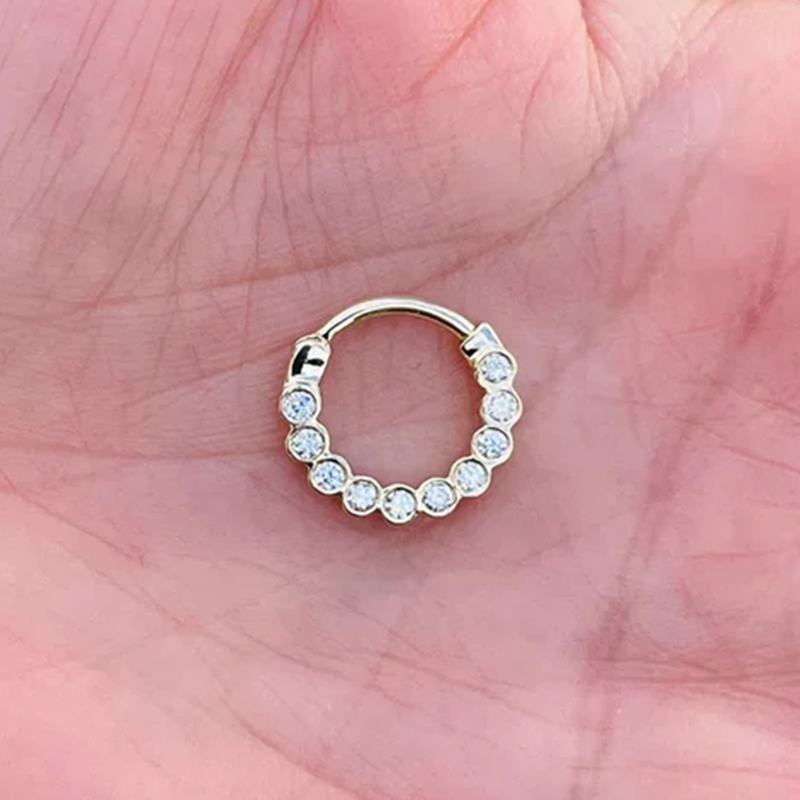 Septum and Ear Clicker Daith Hinged Hoop With 2mm Genuine Diamonds Bezel Setting 14k Solid Gold