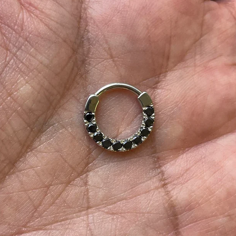 Septum Jewelry Ear Clicker Daith Hoop With 2mm Black Diamonds 14k Solid Gold