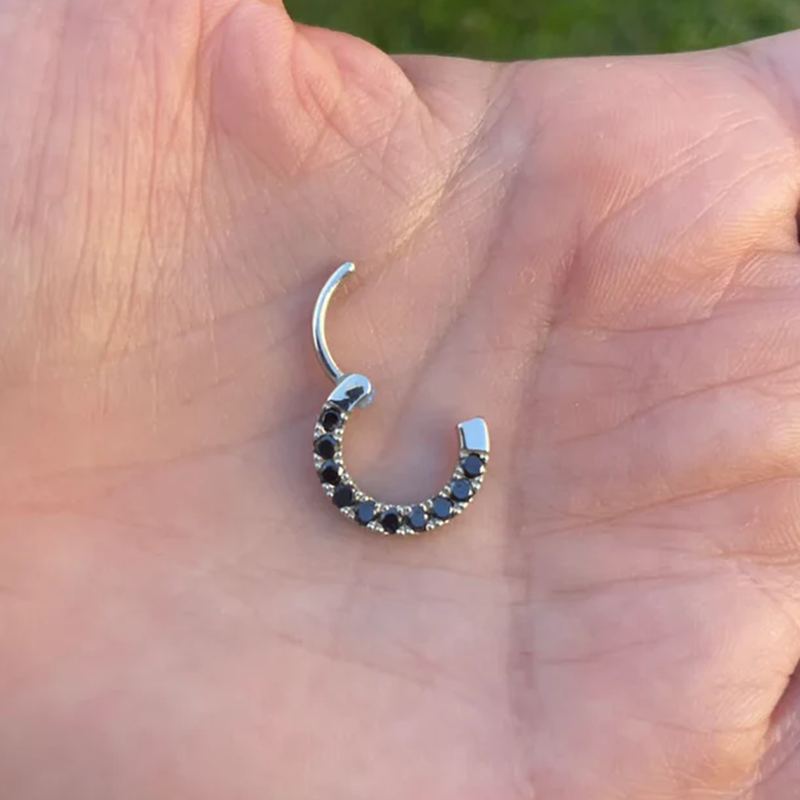 Septum Jewelry Ear Clicker Daith Hoop With 2mm Black Diamonds 14k Solid Gold
