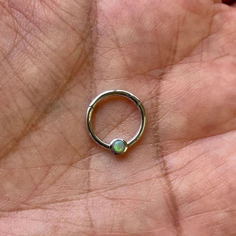 Genuine Opal Bezel Hinged Nose Ring Septum Clicker Daith Helix Conch Hoop 14k Gold