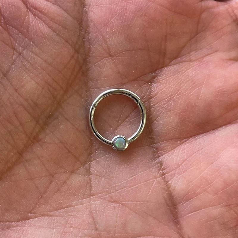 Genuine Opal Bezel Hinged Nose Ring Septum Clicker Daith Helix Conch Hoop 14k Gold